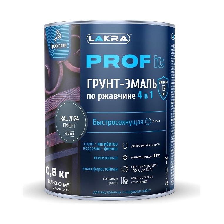 Грунт-эмаль PROF IT ЛАКРА 4в1 графит RAL7024 (0,8кг)