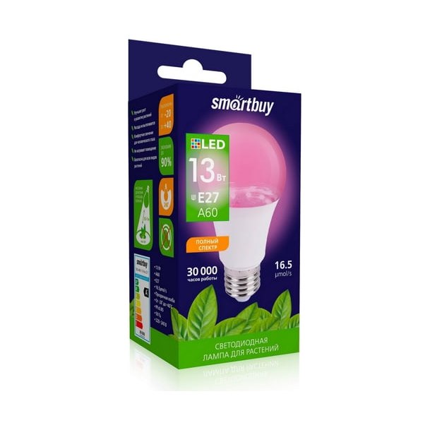 Лампа светодиодная E27 Smartbuy FITO прозрачная красно-синяя (13Вт)