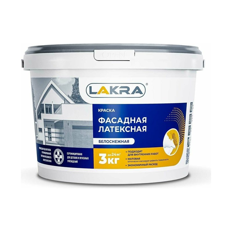 Краска ВД фасадная латексная ЛАКРА белая (3кг)