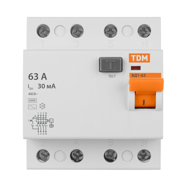 Устройство защитного отключения 4П 63А 30мА TDM ВД1-63 тип АС SQ0203-0044