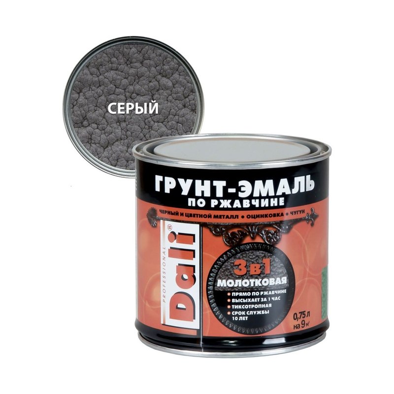 Грунт-эмаль молотковая по ржавчине 3в1 серая DALI 0,75 л